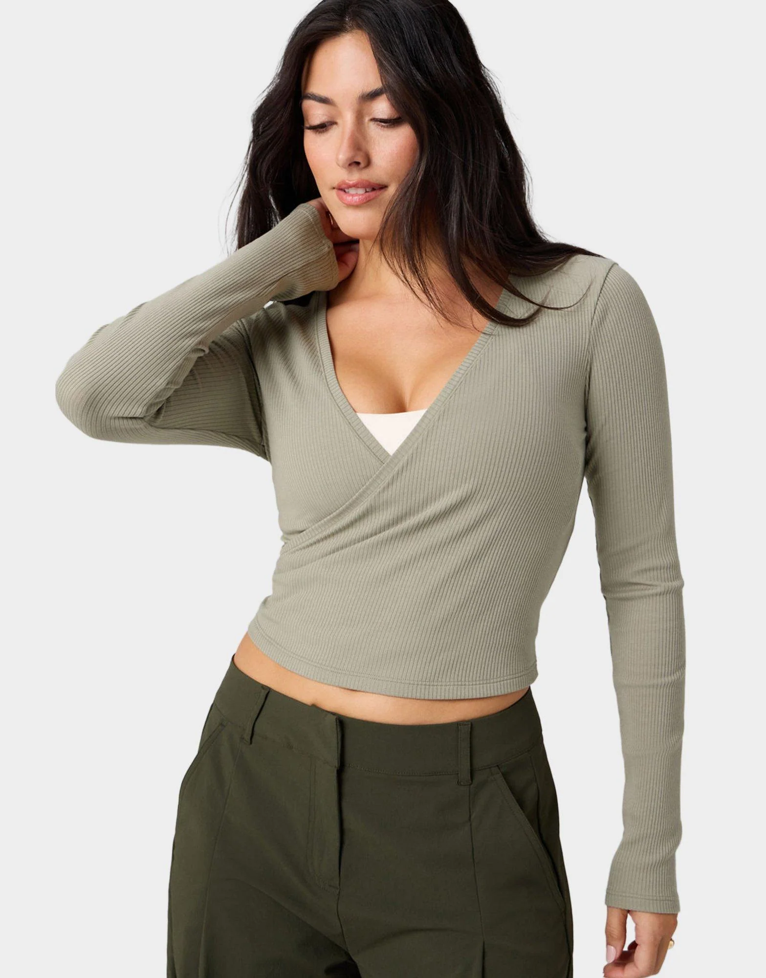 Modal Rib V-Neck Long-Sleeve Top